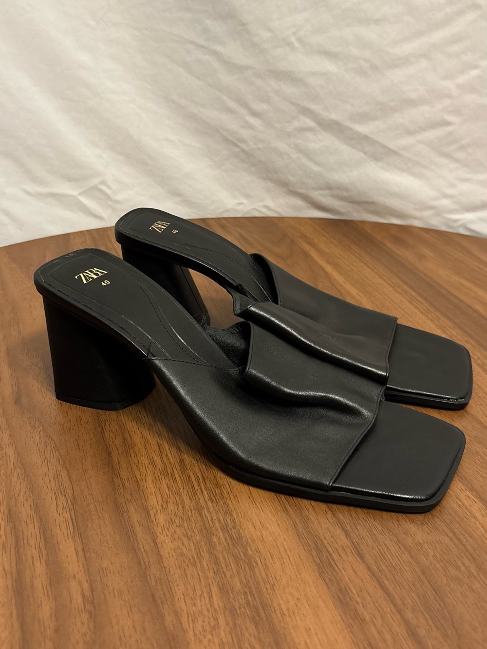 Zara Black Leather Square-Toe Block Heel Mules